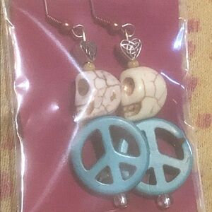 Vintage Turquoise Peace Sign and Cream Skull Dangle Earrings